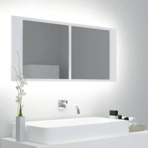 vidaXL Шкаф с LED огледало за баня, бял, 100x12x45 см, акрил (804980)