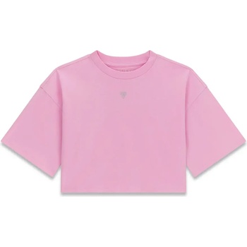 GUESS Къса розова тениска за момиче с надпис от камъни Guess