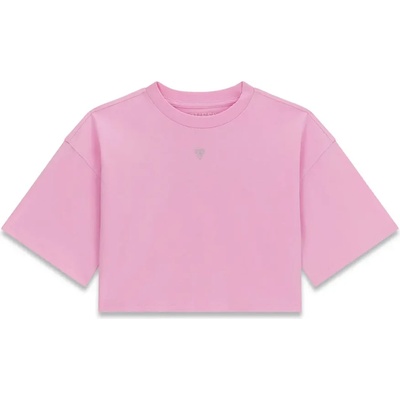 GUESS Къса розова тениска за момиче с надпис от камъни Guess