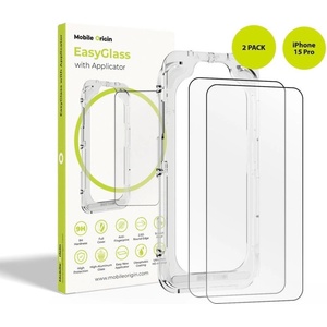 Mobile Origin 2 броя калени стъклени защитни покрития за дисплея на iPhone 15 Pro - Mobile Origin EasyGlass Full Cover Tempered Glass Pack With Applicator (черен-прозрачен) (EGA-i15Pro-2pk)
