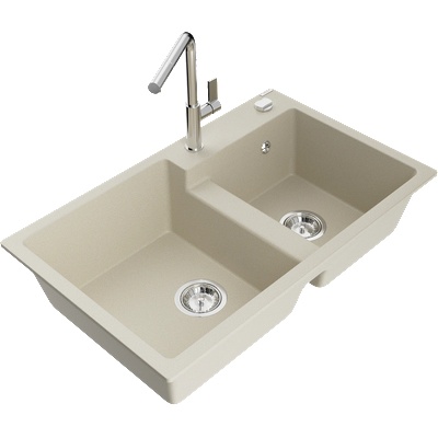 Mexen Tomas двоен гранитен мивка с кухненски смесител Flora, бежов - 6516-69-670401-00 (6516-69-670401-00)