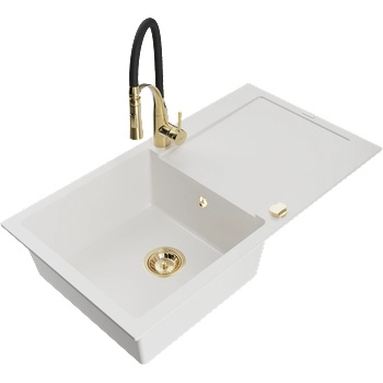 Mexen Leo гранитна кухненска мивка с 1 отделение, сушилник и кухненски смесител Aster, бял - 6501-20-73450-57-G (6501-20-73450-57-G)