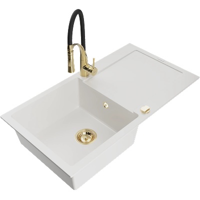 Mexen Leo гранитна кухненска мивка с 1 отделение, сушилник и кухненски смесител Aster, бял - 6501-20-73450-57-G (6501-20-73450-57-G)