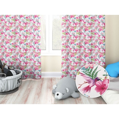 Biante Dětský bavlněný závěs Sandra SA-493 Kolibříci s růžovými květy na bílém 150x220 cm