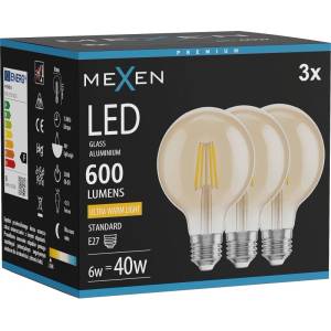 Mexen Vintis 3x LED филамент крушка E27, G80, 6W, Топла - 2200K, 600 lm, кехлибар (L155-E27-0622-50x03)