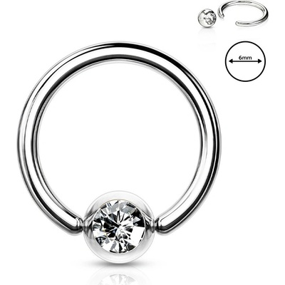 Šperky eshop ocelový piercing do obočí kroužek s čirým krystalkem v kulaté objímce W29.22