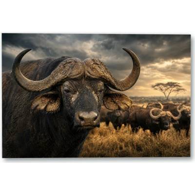 Plakát – Buvol se stádem v travnaté krajině 135 × 90 cm Bez rámu Ne Bez rámu