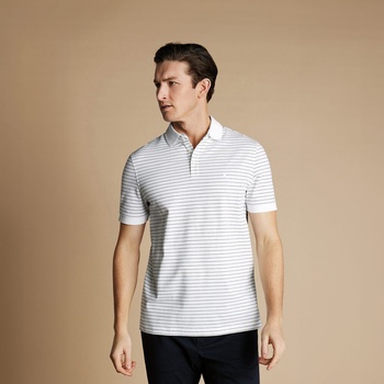 Charles Tyrwhitt Pique Polo - White/Navy Stripe - L Памучно поло на райета Тениски поло