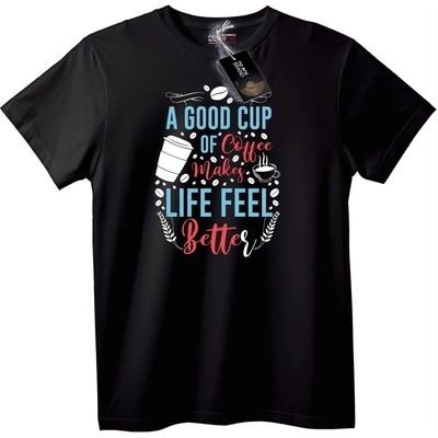 NOONEBRAND Тениска Добрата Чаша Кафе Прави Живота По-Добър - 3XL, Black