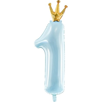 PartyDeco Fóliový balón Číslo 1 s korunkou bledo modrý 100cm