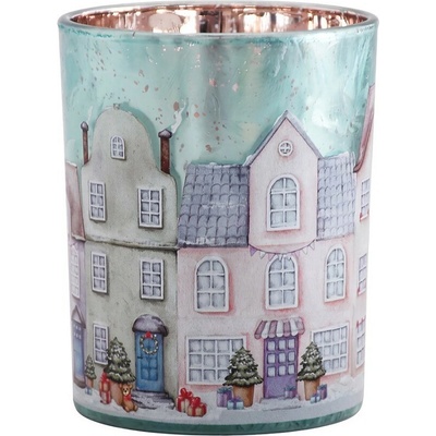 Modrý skleněný svícen vesnička domky Village M - Ø 10*13 cm - Clayre & Eef