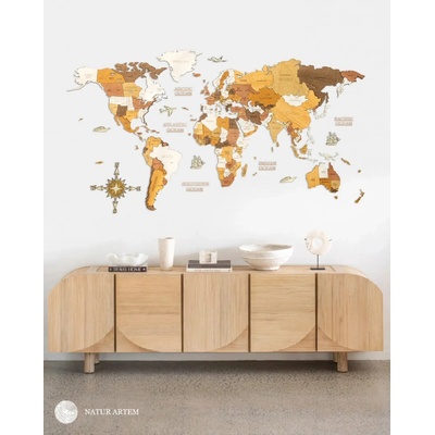 Nástenná drevená mapa sveta 3D, ručne vyrábaná, 150x75cm Natur artem