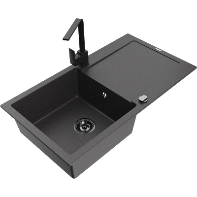 Mexen Leo кухненска мивка от гранит с 1 отделение, с отцедник и кухненски смесител Rita, черно с пръски - 6501-76-670300-70-B (6501-76-670300-70-B)