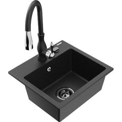 Mexen Milo мивка гранитна еднокамерна с кухненски смесител Savita, черен/сребърен металик- 6505-73-672601-70-B (6505-73-672601-70-B)