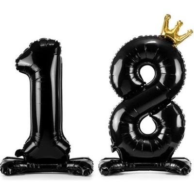 PartyDeco BALÓNEK fóliový číslo 18 s korunkou samostojný černý 84 cm