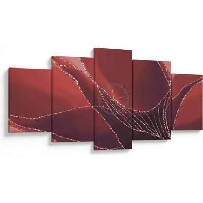 Obraz - Červená abstraktná kvetina N⁰2 (s hodinami), päťdielne 150x80 cm s hodinami
