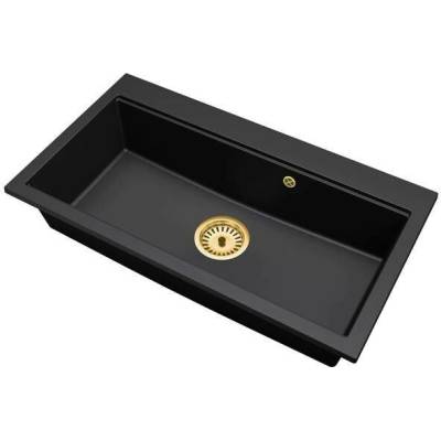 DobreSny Granitový dřez ELITE 90 ČERNÁ + zlatý sifon 90 x 50 x 21cm