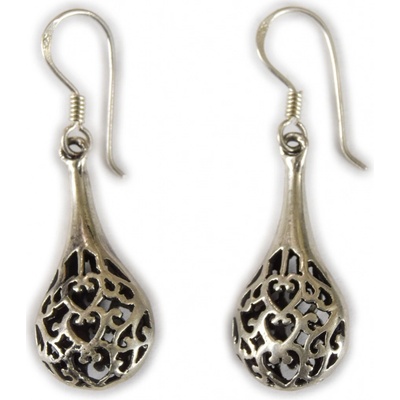 Sanu Babu stříbrné naušnice ve tvaru kapky s ornamenty Nepál 7D stříbrná