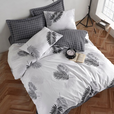 Enlora Home Спален комплект EnLora Home 162ELR1703, 80% памук, 20% полиестер, 4 части, Завивка 200х220 см, Чаршаф 220х240 см, Калъфки 50х70 см, Бял/сив (162ELR1703)