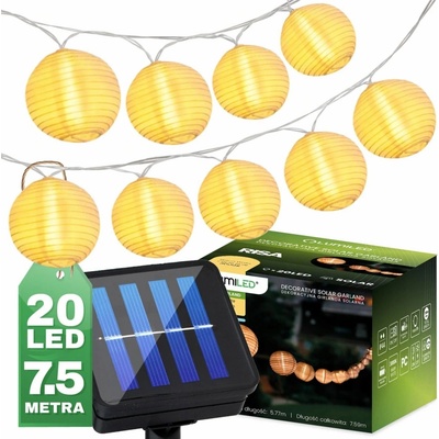 Girlanda solární zahradní 20x LED Ozdobne Lampiony 7.59m Teplá bílá 3000K RISA LUMILED LUMSOL0090