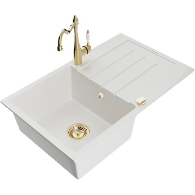 Mexen Bruno гранитна мивка с 1 камера и отцедник и кухненски смесител Carla, бял - 6513-20-670700-50 (6513-20-670700-50)