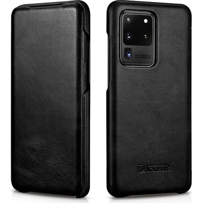 ICARER Калъф от Естествена Кожа за Samsung S20 Ultra, iCarer Vintage Book Leather Case, Черен (RS992008-BK)