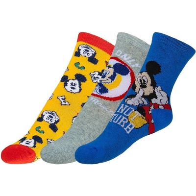 Mickey Ponožky dětské 3 páry červená, žlutá, modrá, šedá