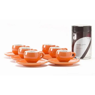 Danesi La Forma Sprint Gift Pack - Dark's Cassette Kava 250g + 6 чаши за еспресо и 6 чинийки - портокал