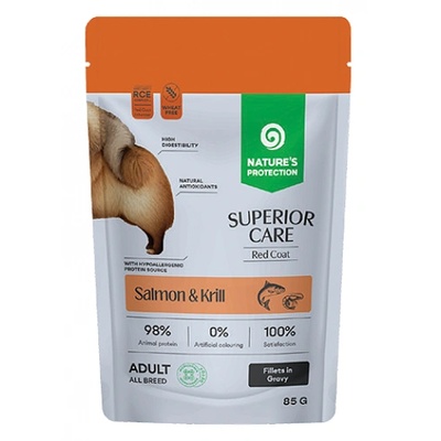 AKVATERA Nature's Protection DOG SUPERIOR CARE Red Coat Grain Free Adult All Breed Dogs with Salmon and Krill, пауч за пораснали кучета от всички породи с червена козина - филета в сос със сьомга и крил, Литва - 85 гр 210752