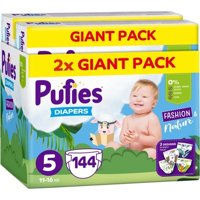 pufies Пелени Pufies Fashion & Nature - Размер 5, 144 броя, 11-16 kg, Giant Pack (3800024036422)
