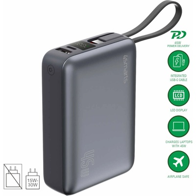 Външна батерия с USB-A и USB-C портове и вграден USB-C кабел - 4smarts Power Bank Enterprise Compact 20000 mAh 45W (тъмносив) (541409)