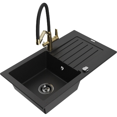 Mexen Pablo кухненска мивка от гранит с 1 корито с отцедник и кухненски смесител Duo, черен - 6510-77-671701-57-B (6510-77-671701-57-B)