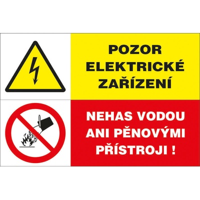 Walteco Pozor, elektrické zariadenie/Nehas vodou ani penovými prístrojmi, 80x50mm, samolepka Množstvo: 1 ks , 20082