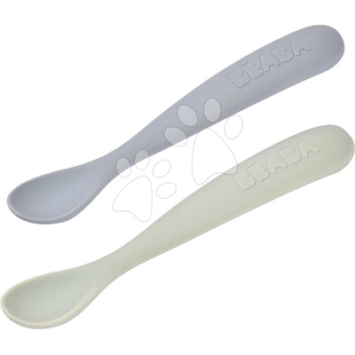 Prvé tréningové lyžičky First Age Silicone Spoons Nature Duo Beaba zo silikónu na samostatné jedenie v praktickom obale 2 kusy zeleno-modré od 4 mes