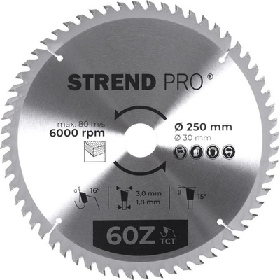 Strend Pro pílový kotúč TCT 250x3.0x30/20 mm 60T na drevo SK plátkami