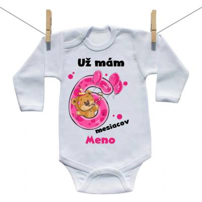 Boodyy Body s dlhým rukávom Už mám 6 mesiacov s Medvedíkom a menom dieťatka Dievča