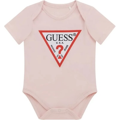 Guess Късо бебешко боди за новородено момиче в бледо розов цвят с червено лого Guess