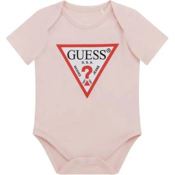 Guess Късо бебешко боди за новородено момиче в бледо розов цвят с червено лого Guess