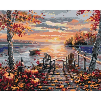 ZUTY POSEDENIE NA MÓLE ČLN JESENNÉ STROMY A ZÁPAD SLNKA Rámovanie bez rámu a bez vypnutia plátna Rozmer 40 x 50 cm