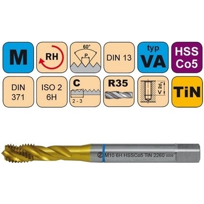 NÁSTROJE CZ Závitník strojní M2,5x0,45 ISO2 HSSCo5 TiN DIN 371 RSP35 - 2260 - CZZ2260-M2,5-ISO2