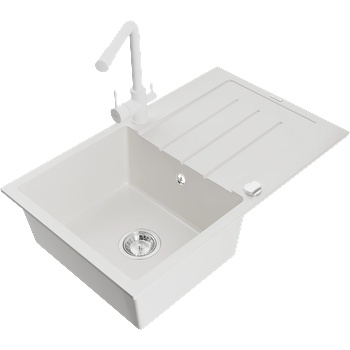 Mexen Bruno гранитна мивка с 1 отделение и отцедник и кухненски смесител Duero, бял - 6513-20-671600-20 (6513-20-671600-20)