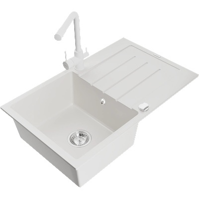 Mexen Bruno гранитна мивка с 1 отделение и отцедник и кухненски смесител Duero, бял - 6513-20-671600-20 (6513-20-671600-20)