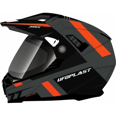 UFO přilba ARIES OFFROAD / DUAL / TOURER / CROSSOVER se štítem, kšiltem a sluneční clonou barva černá/šedá/červená fluo velikost S (ECE 22R06)