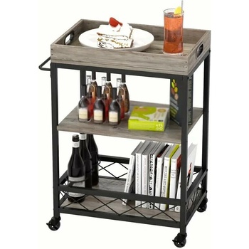 Servírovací stolek kolečka kov dřevo černá šedá NoBi HORAND