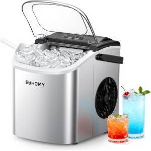 EUHOMY Ice Cube Machine Small, 9 Ice Cubes in 6 Minutes, 12 kg/24H, Ice Cube Machine Stainless Steel with Portable Handle, Self-Cleaning Compact Ice Cube Machine for Home/Kitchen/Office/Bar - B0CTMH479C Ледогенератор