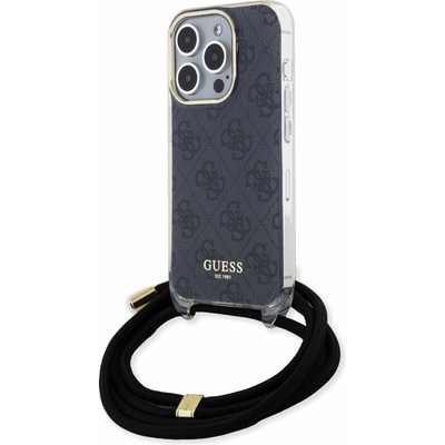 GUESS PU IML 4G Printed Case With Crossbody Strap - дизайнерски кожен кейс с връзка за носене през врата за iPhone 15 Pro (черен)