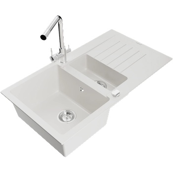 Mexen Matias гранитна мивка 1, 5-коморна с дренаж и кухненски смесител Duero, бял (6502-20-671600-00)