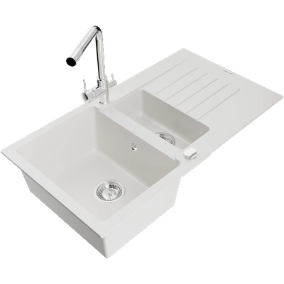 Mexen Matias гранитна мивка 1, 5-коморна с дренаж и кухненски смесител Duero, бял (6502-20-671600-00)