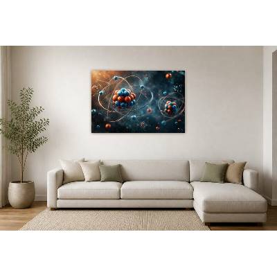 Obraz na plátně – Stylizovaný atomový model s obíhajícími částicemi 135 × 90 cm