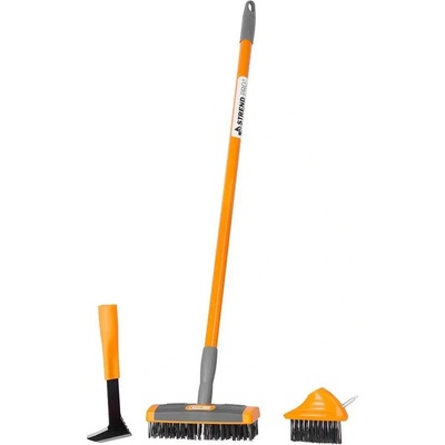 Kefa Strend Pro, čistiaca, na zámkovú dlažbu, 4 dielna sada, s teleskopickou násadou, odstraňovač buriny, kefa 3x10 cm a 6x19 cm